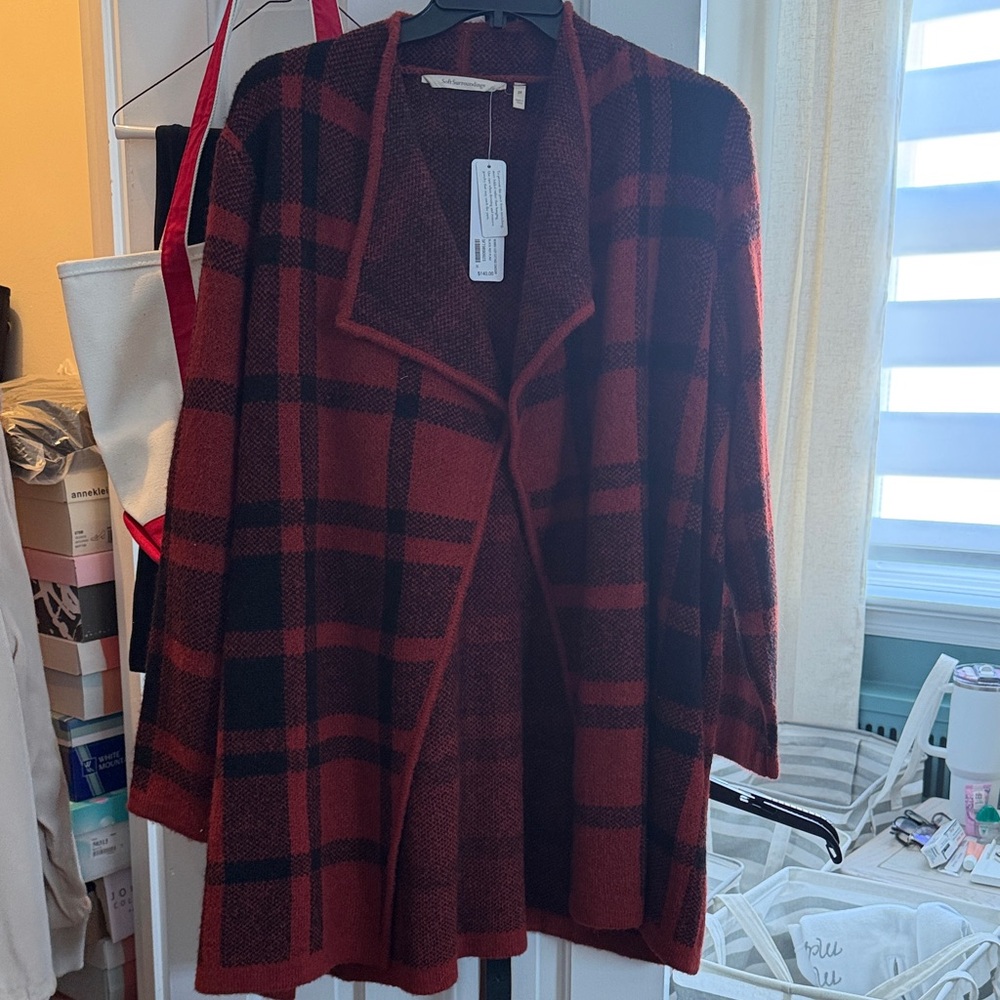 Soft Surroundings Red and Black Plaid Cardigan